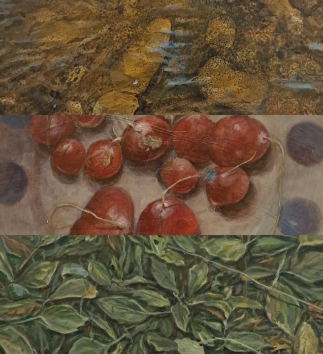 Pintura de la muestra Juegos de Agua de Marcos Tatián, con paisajes de agua y tramas orgánicas