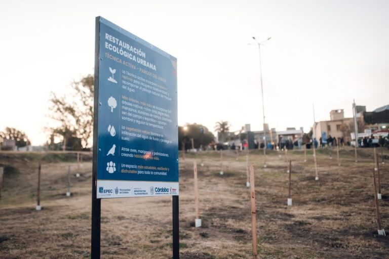 Vista del Parque del Agua renovado en barrio Parque Capital, Córdoba, con nueva forestación y luminarias LED