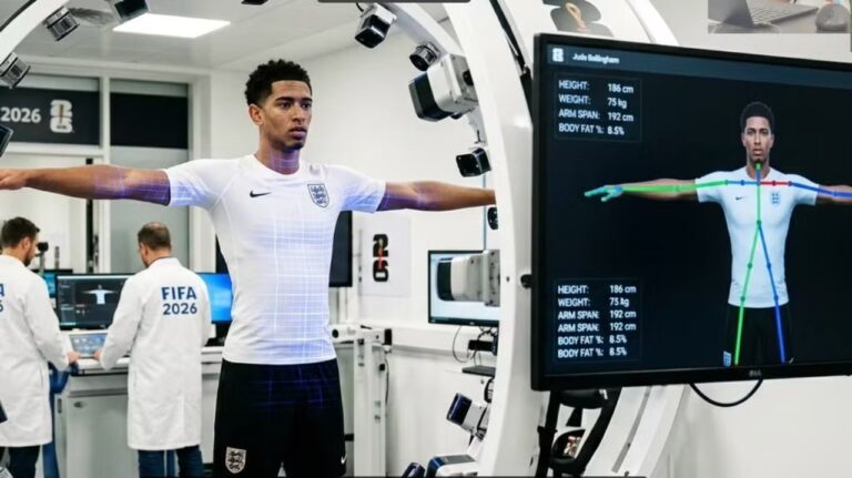 Estadio de fútbol con tecnología digital e inteligencia artificial aplicada al Mundial 2026