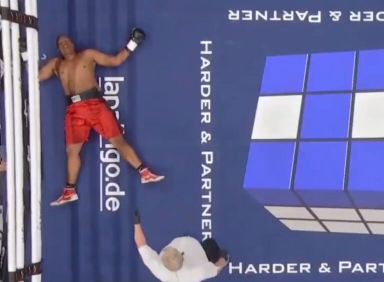 Viktor Jurk celebrando su nocaut relámpago sobre Edwin Castillo en el ring de Mannheim