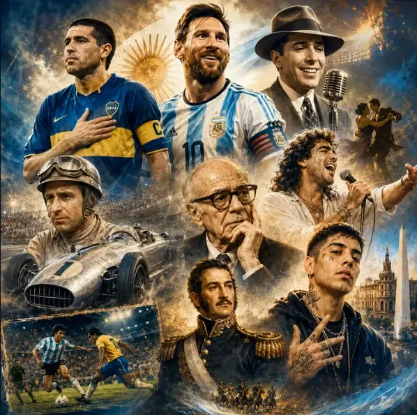 Collage de imágenes de Lionel Messi, Juan Manuel Fangio, Carlos Gardel y Rodrigo Bueno en el 24 de junio