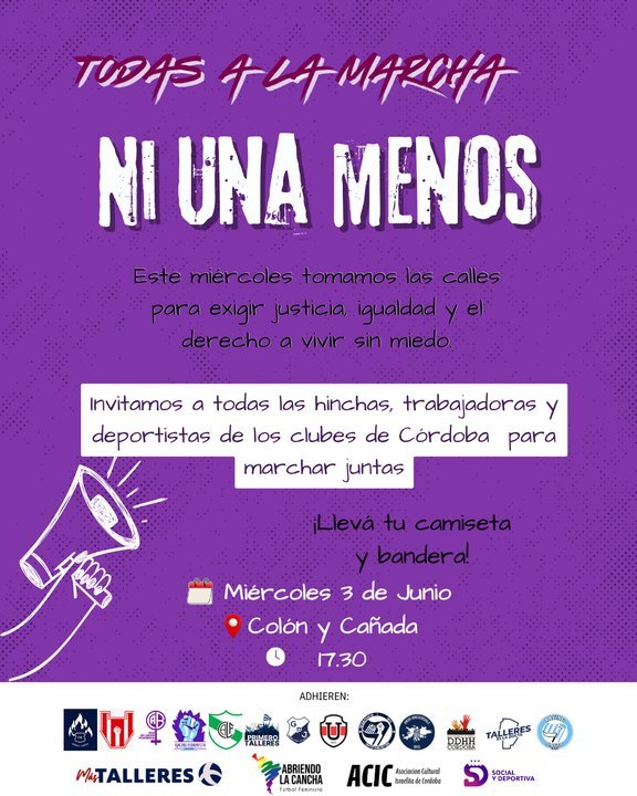 Marcha de Ni Una Menos en Córdoba con banderas de clubes deportivos