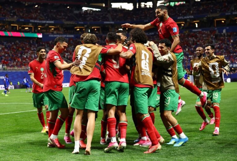 Jugadores de Marruecos celebrando un gol durante el partido contra Haití en el Mundial 2026