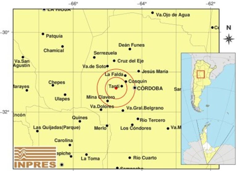 Mapa de Córdoba con ubicación del epicentro del sismo en Tanti