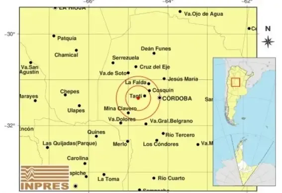Mapa de la zona epicentral del sismo en Tanti, Córdoba