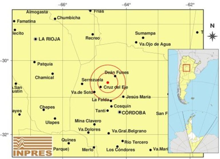 Mapa de epicentro de sismo en el norte de Córdoba