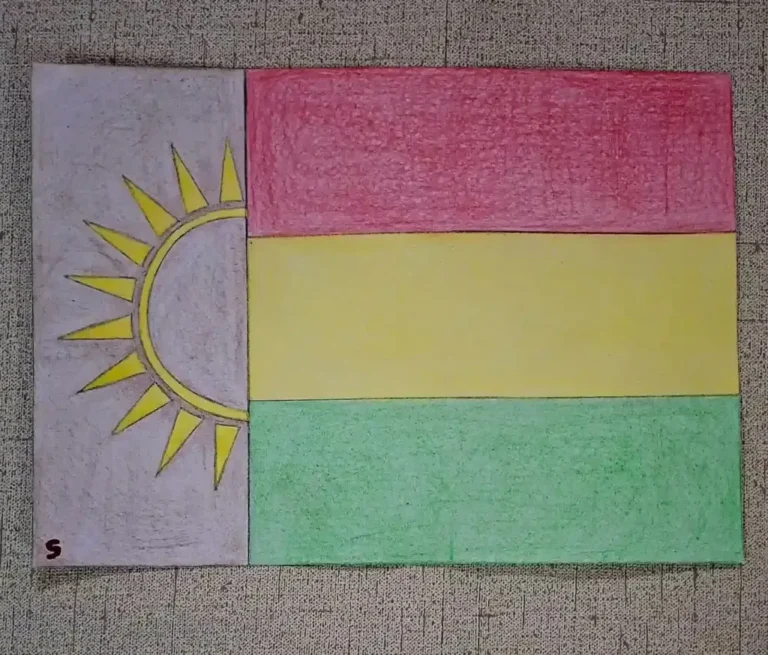 Bandera de Valle Hermoso con franja marrón, sol y tres franjas horizontales roja, amarilla y verde