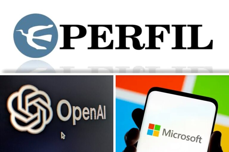 Logo de Editorial Perfil junto a logos de OpenAI y Microsoft