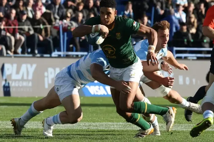 Los Pumas durante el partido ante Sudáfrica en el estadio José Amalfitani