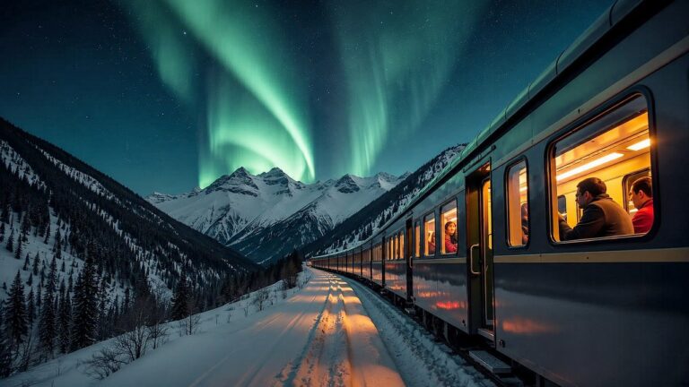 Tren panorámico con techo de cristal en Noruega durante la noche