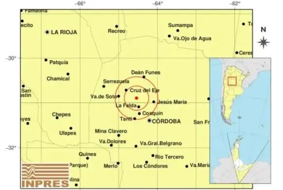 Mapa de la zona del epicentro del sismo en el norte de Punilla