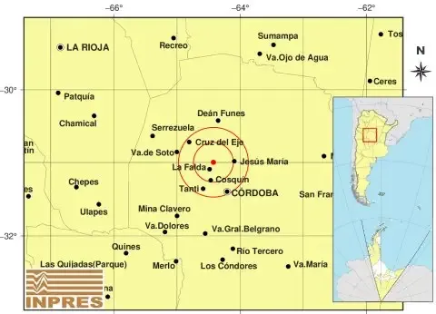 Mapa de la zona de Sierras Chicas con epicentro del sismo