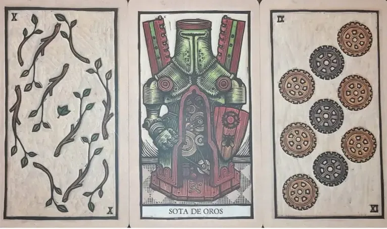 Cartas del tarot del colibrí con las cartas Diez de bastos, Sota de oros y Nueve de oros